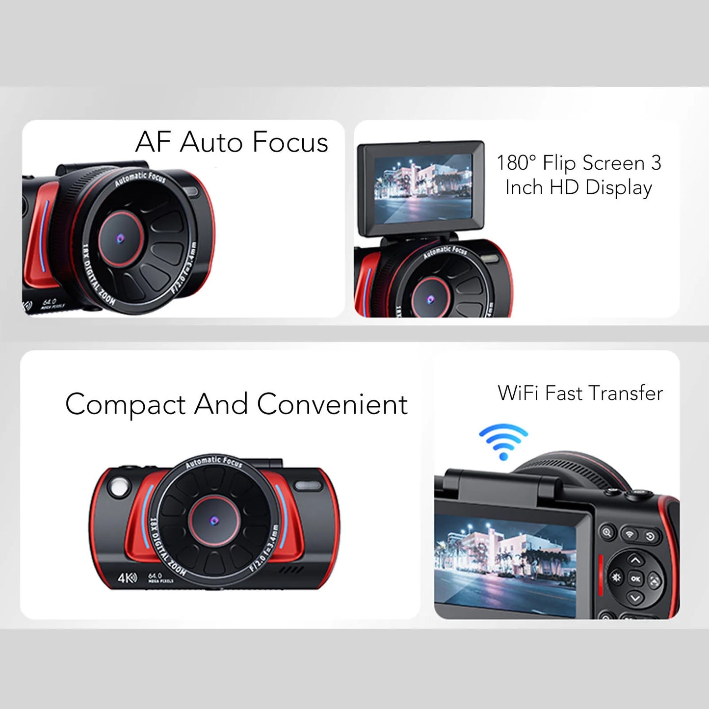 Vlog Camera WIFI Digital Camera 3 Inch  Screen 18X Zoom Retro Anti Shake Autofocus 64MP 4K for Selfie Home