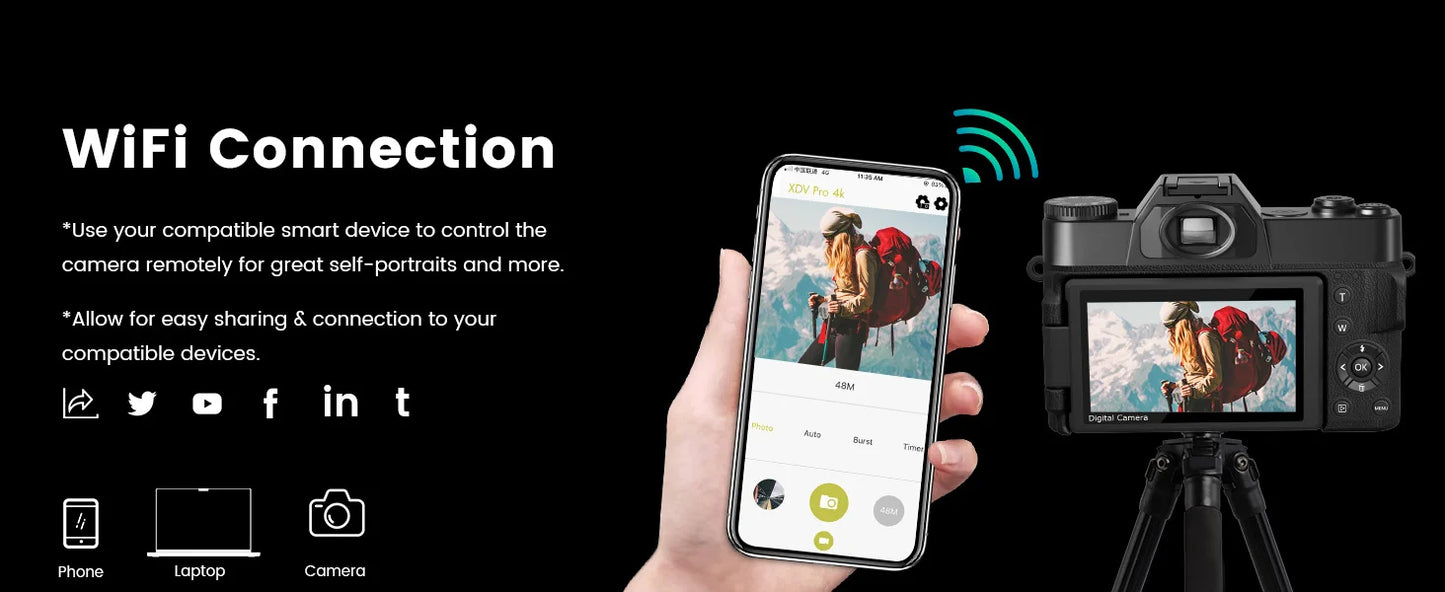 Compact Digital Photography Camera 4K WIFI Webcam Retro Vlog Recorder YouTube 64MP Camcorder 3 Inch Flip Screen Wide Angle Lens